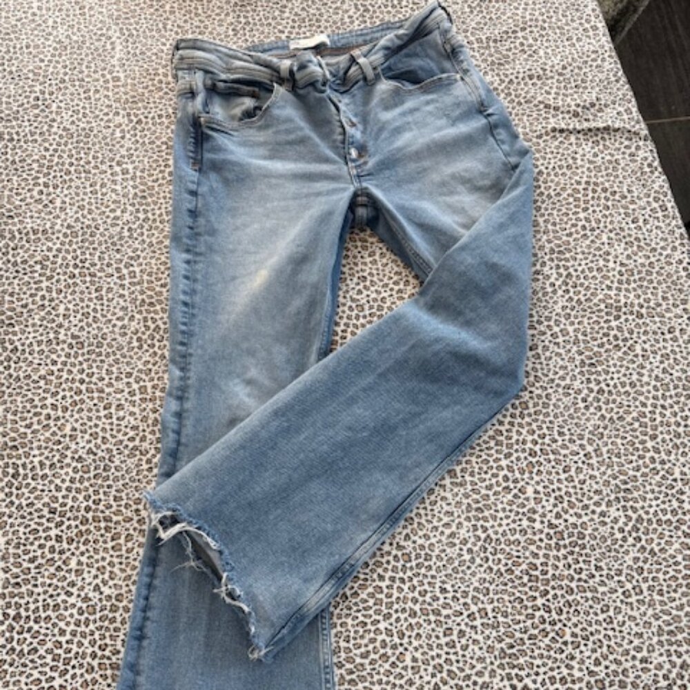 Zara Flare Denim Jeans Women's Sz 10 Exposed Button Fly Distressed Stretch